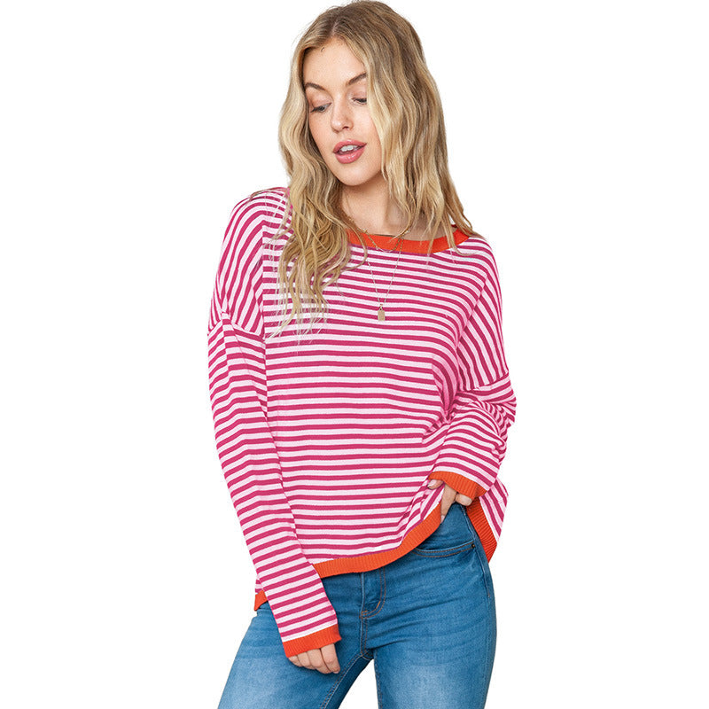 Women’s Sweater – Relaxed Fit – Knitted Pullover – Striped – Drop Shoulder Casual Wear