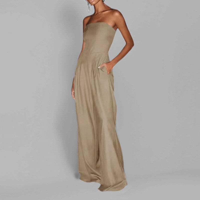 Women’s Strapless Jumpsuit – Silky Fabric – Wide Leg – Sleek Fit Formal Wear