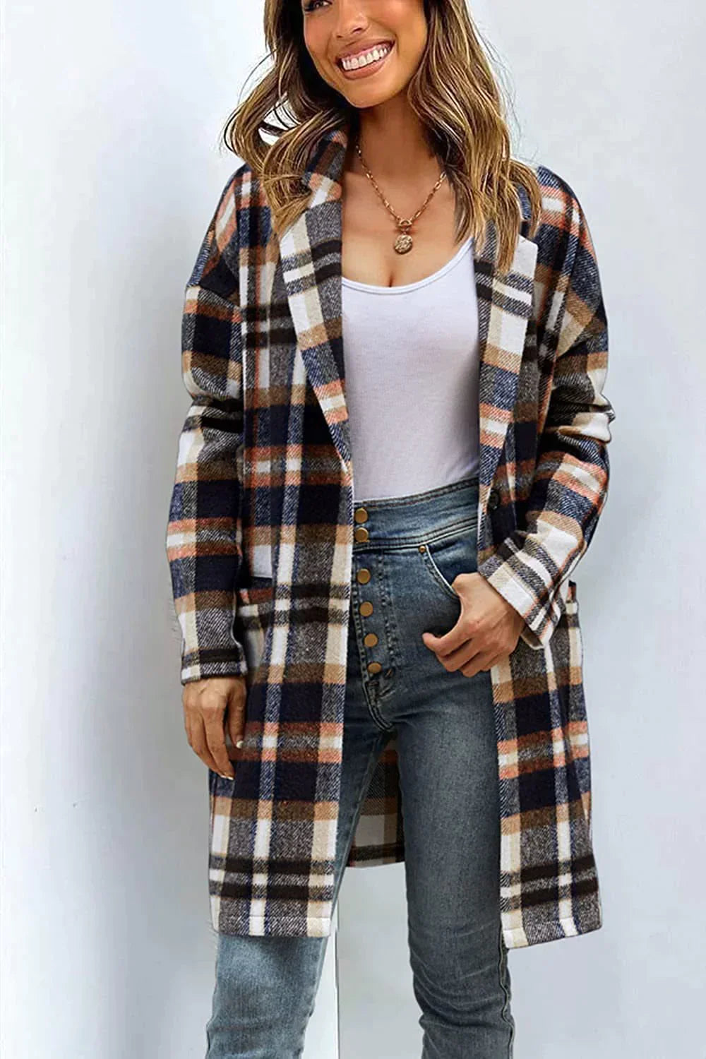 Women's loose fit checked coat with lapel pocket