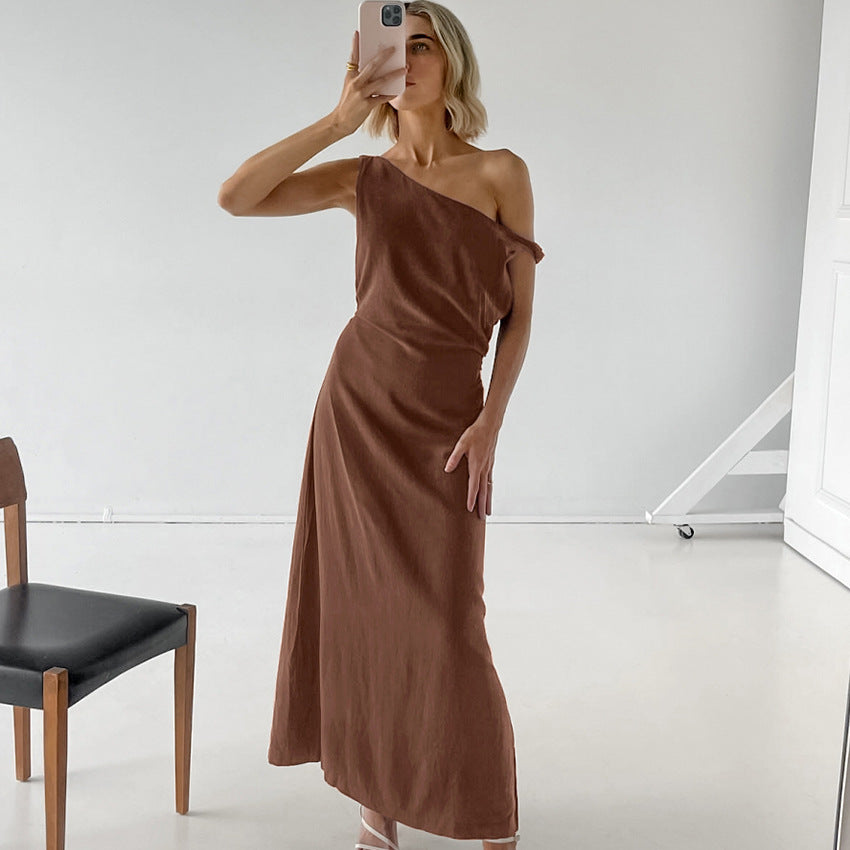 Women’s One-Shoulder Dress – Cotton Linen Blend – Slim Fit – Full Length – Minimalist Style