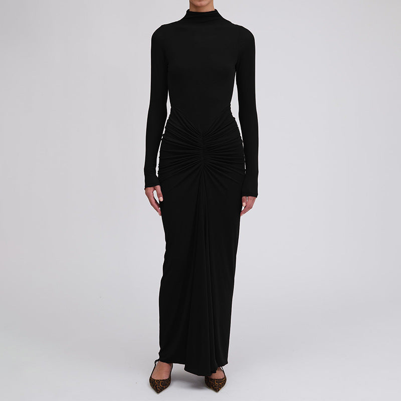 Women’s Bodycon Dress – Slim Fit – Turtleneck – Ruched Waist – Maxi Length – Stretch Knit