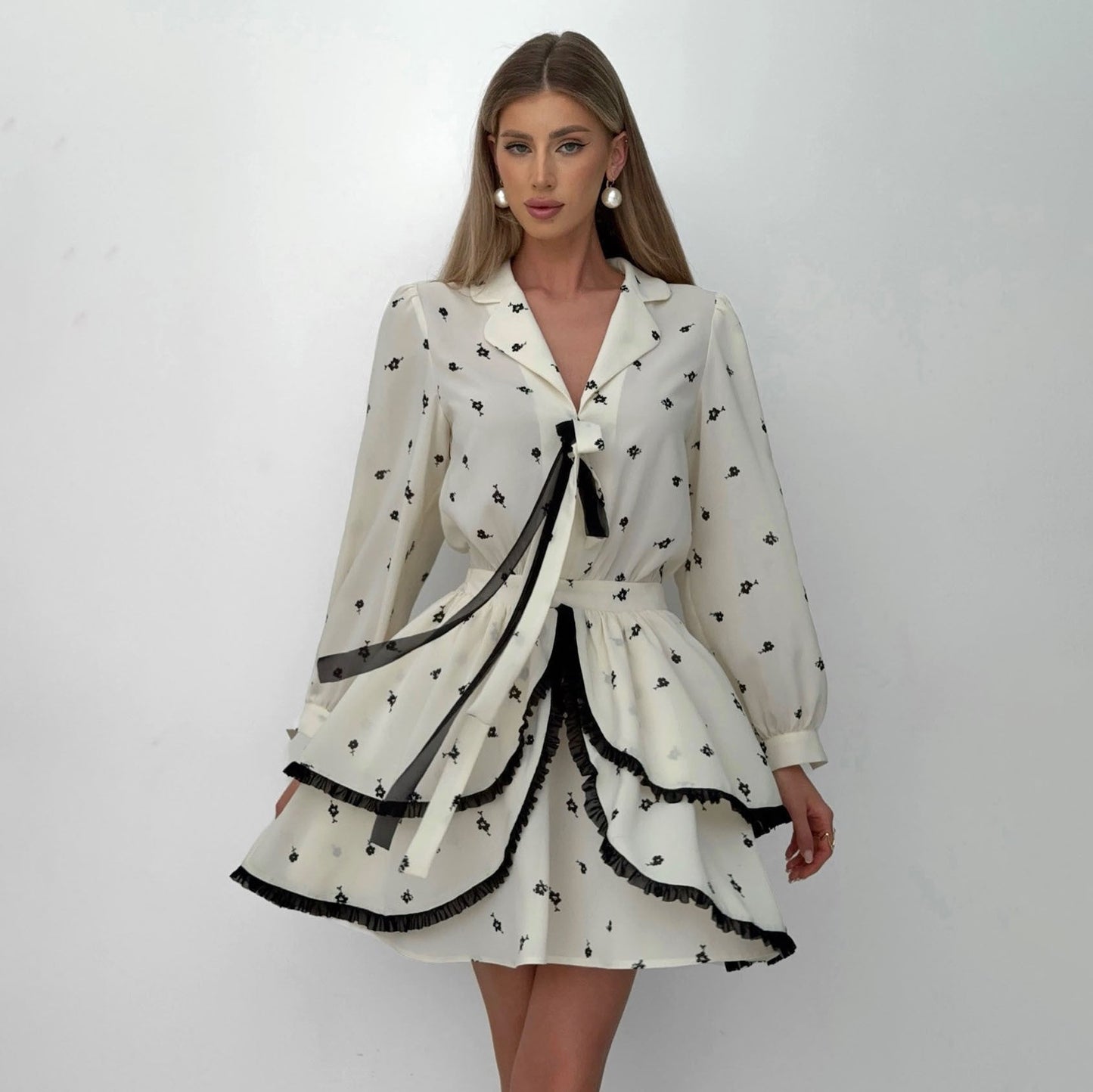 Women’s Mini Dress – Chiffon – V-Neck – Long Sleeve – Ruffle Skirt – Floral Print