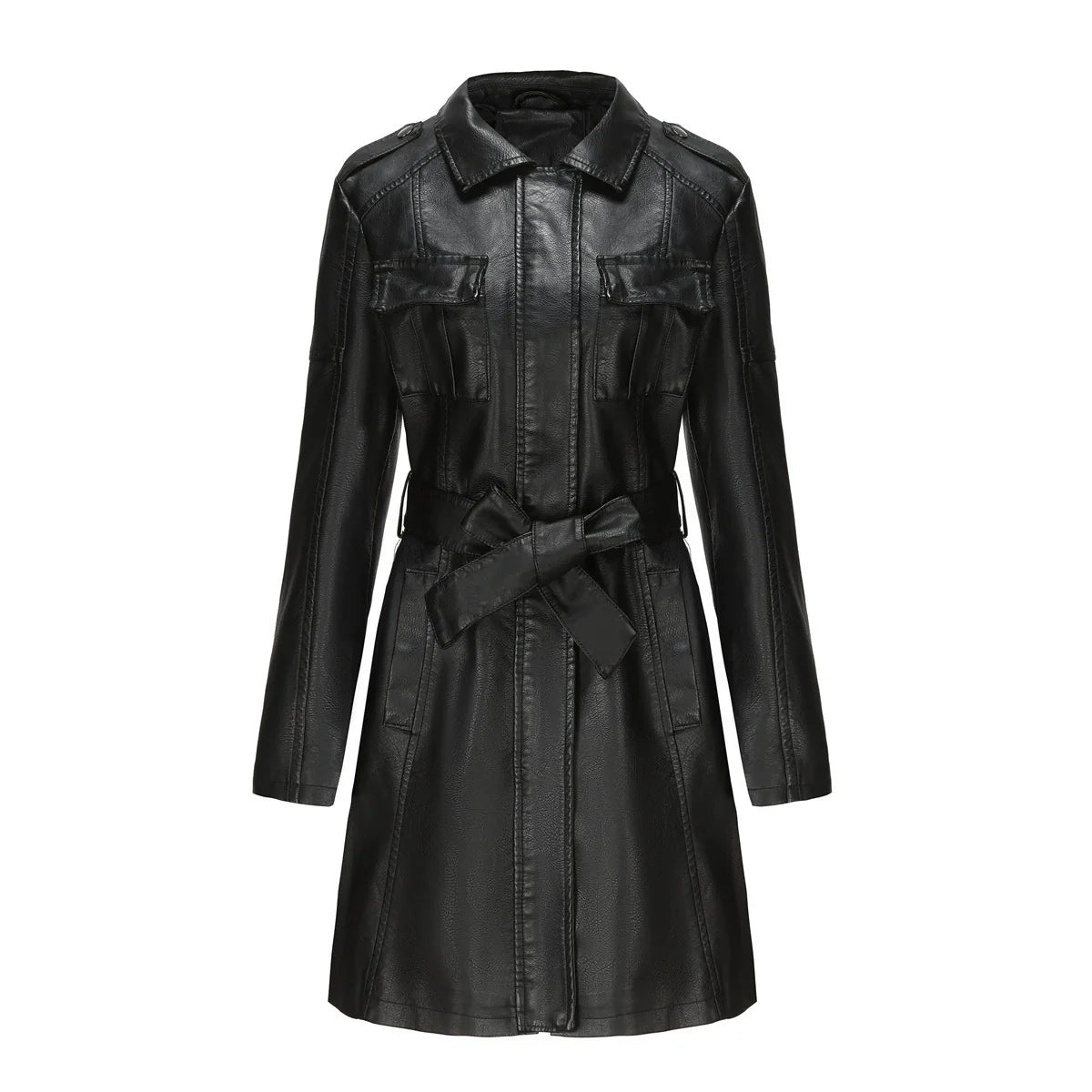 Women’s Medium-Length Coat – Structured Fit – Leather-Like – Zipper – Point Collar