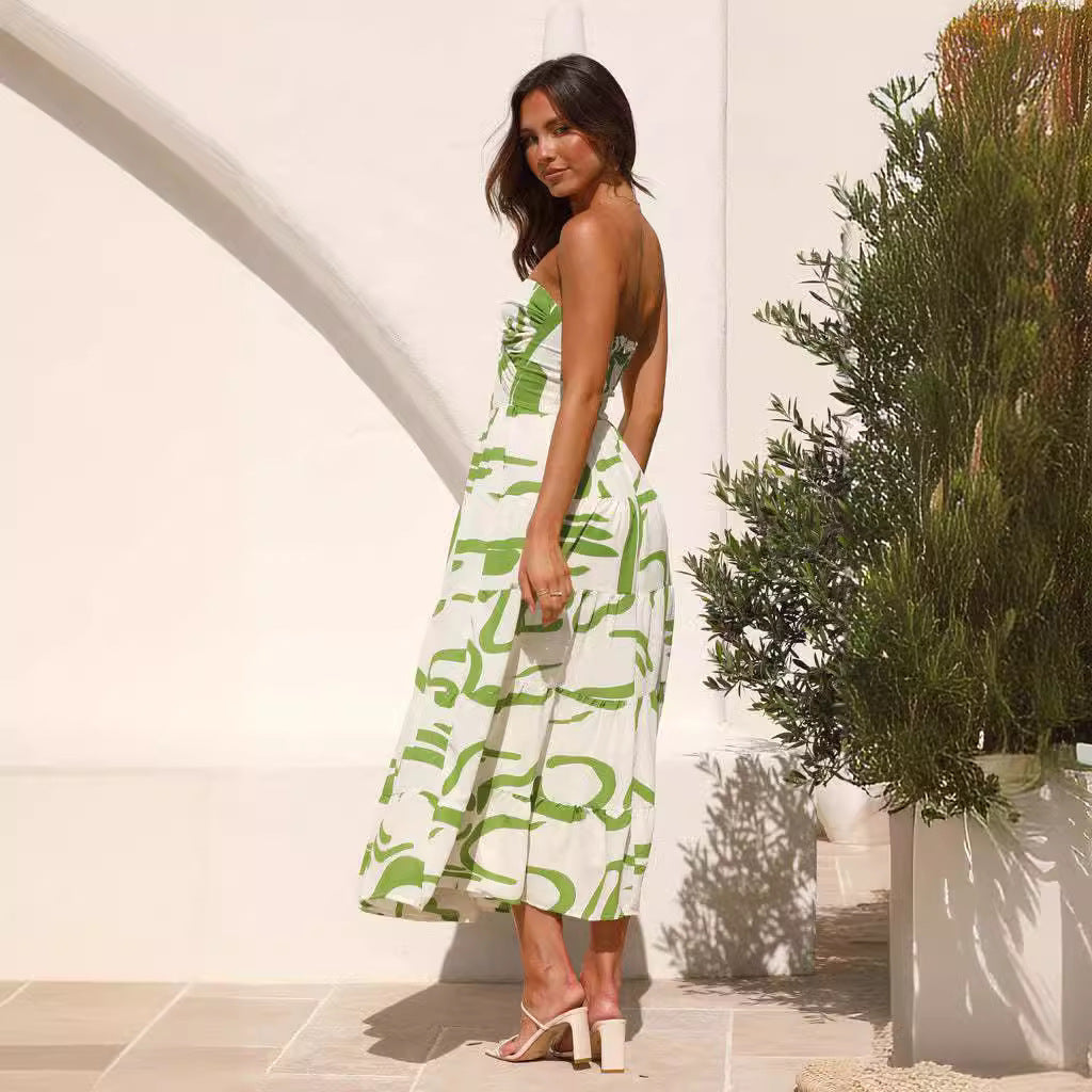 Women’s Maxi Dress – V-Neck – Open Back Tie – Ruched Bust – Flared A-Line Fit – Abstract Print