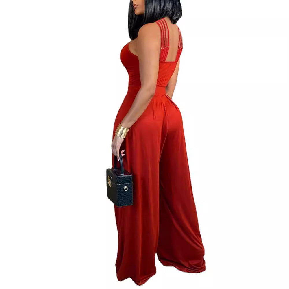 Women's Jumpsuit - V-Neck Criss-Cross Straps - Wide-Leg Elegant Fit