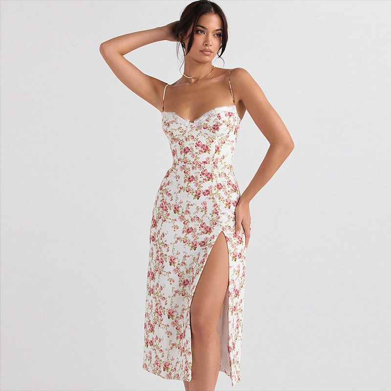 Women’s Midi Dress – Floral Print – Sweetheart Neckline – Spaghetti Straps – Side Slit