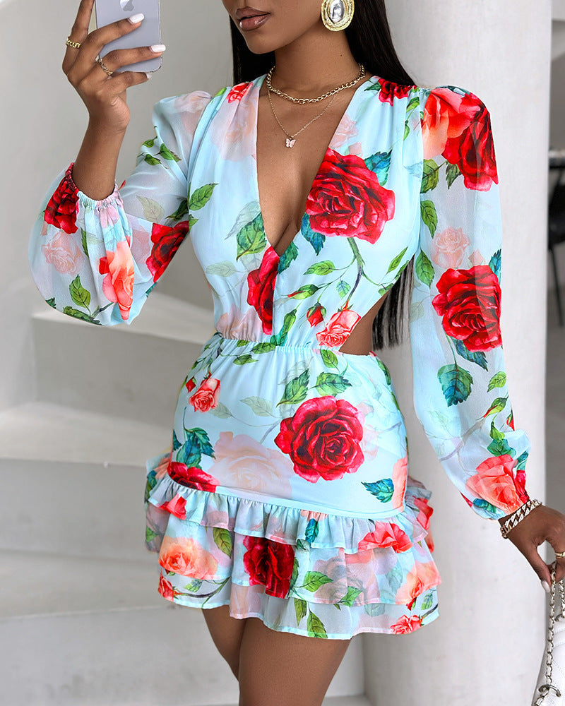 Women's Mini Dress - Plunging V-Neck - Long Puff Sleeves - Fitted Waist - Ruffled Hem