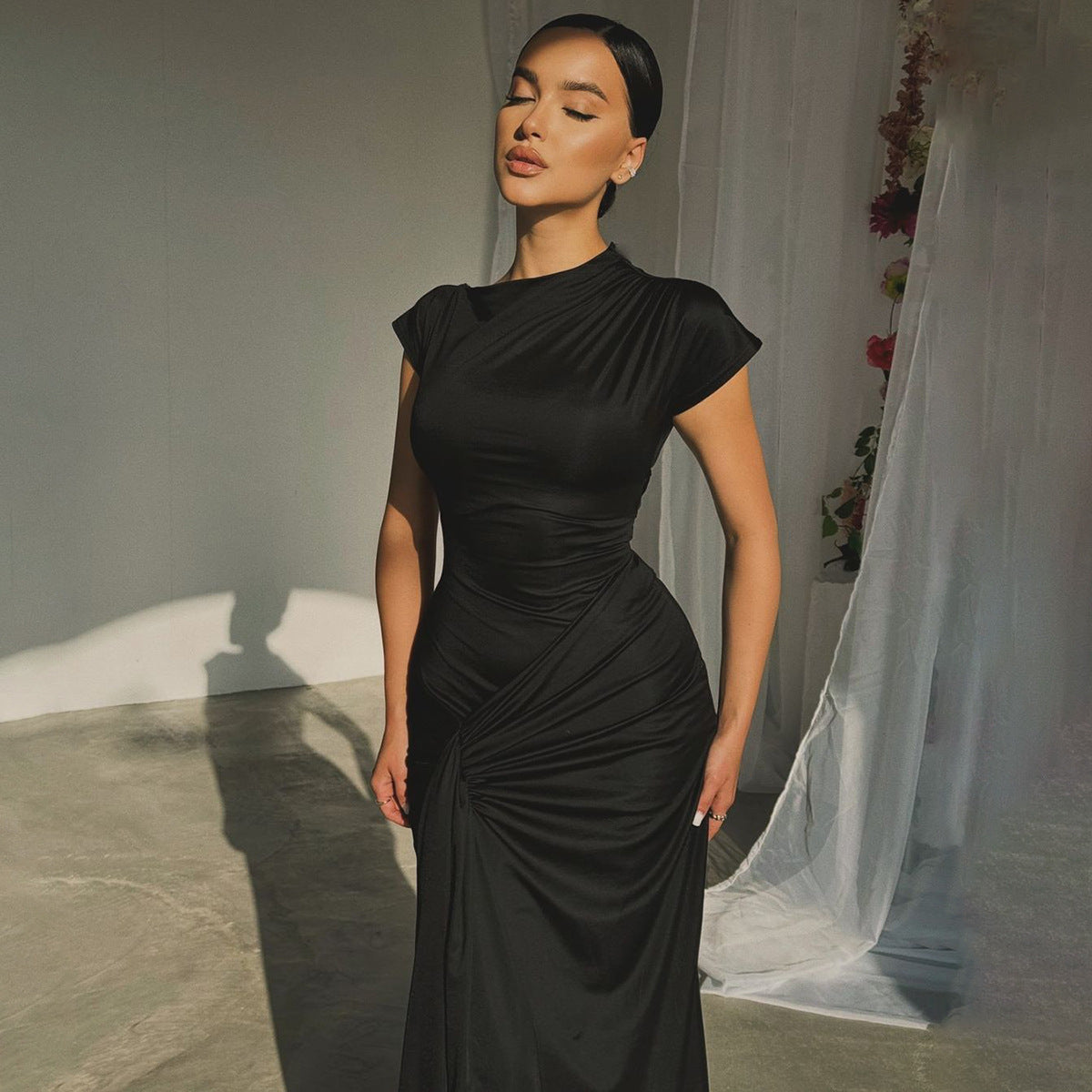 Women’s Full-Length Dress – Stretch Fabric – Draped Waist – Short Sleeve Formal Fit