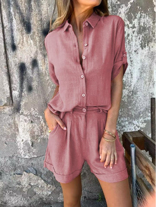 Women’s Jumpsuit – Relaxed Fit – Button-Up Top – Drawstring Waist – Soft Linen Blend