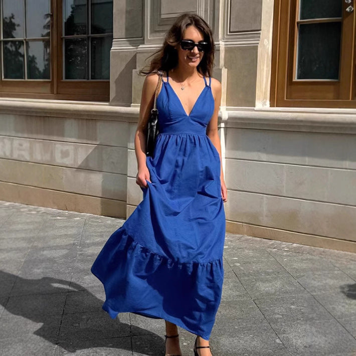 Women’s Maxi Dress – Cotton Linen Blend – Sleeveless V-Neck – Tiered A-Line Fit