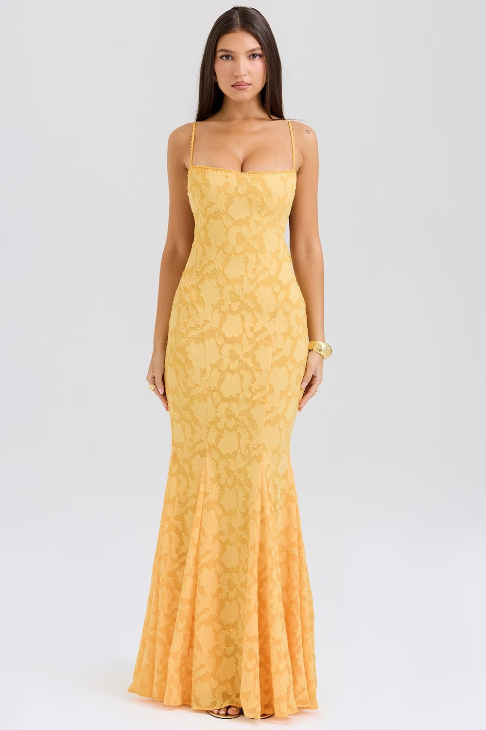 Women’s Maxi Dress – Slim Fit – Satin Feel – Lace Neckline – Spaghetti Straps – Formal Wear