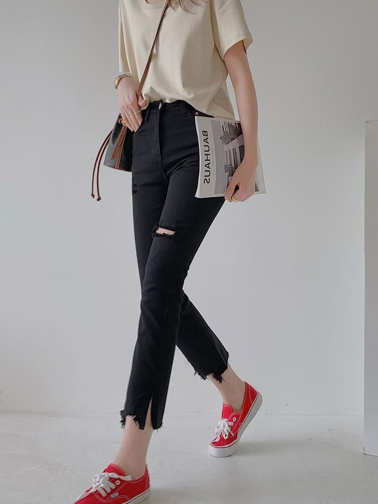 Distressed High-Waisted Straight-Leg Jeans