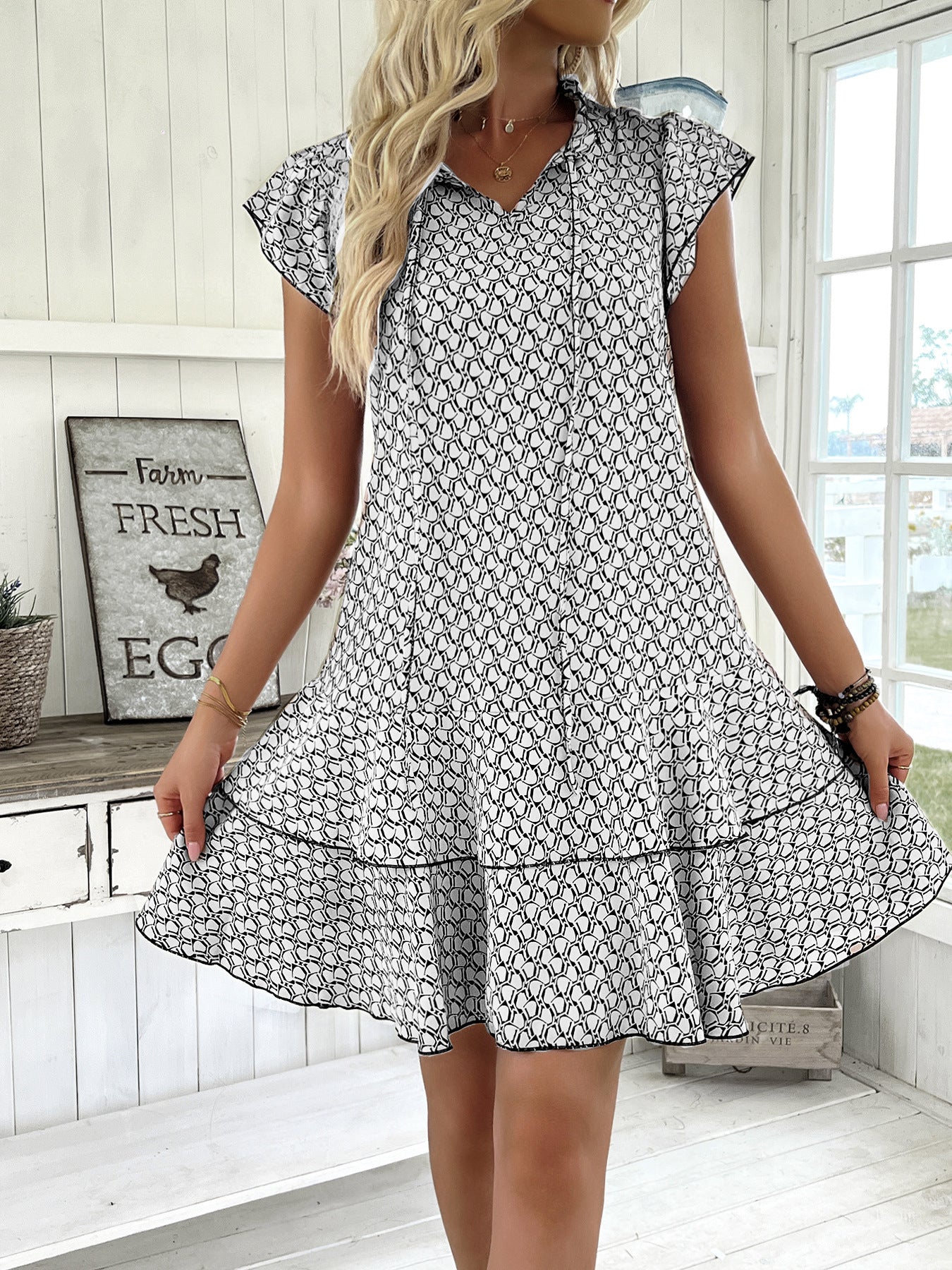 Women's Mini Dress - Ruffled Short Sleeves - Tie-Neck - Flowy Lightweight Fit