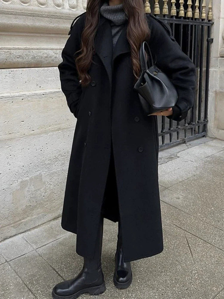 Women’s Long Coat – Wool Blend – Oversized Fit – Double-Breasted – Belted Trench