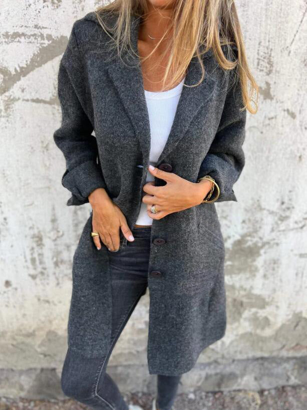 Women’s Mid-Length Coat – Relaxed Fit – Wool Feel – Lapel Collar – Single-Breasted