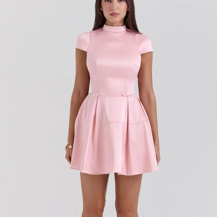 Women’s Mini Dress – Satin Finish – High Neck – Sleeveless Flared Pleated A-Line