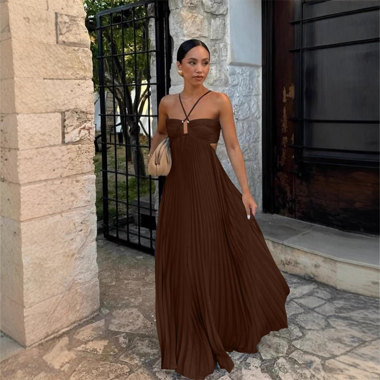 Women’s Maxi Dress – Chiffon Pleated Skirt – Strappy Bustier Top – Sweetheart Neckline