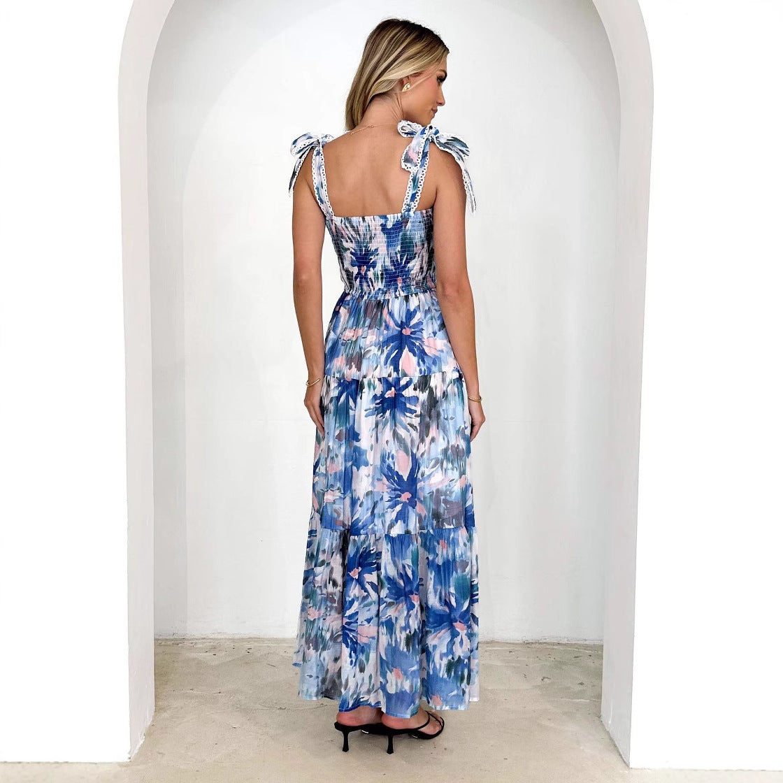 Women’s Maxi Dress – Shirred Bodice – Adjustable Straps – Tiered Flowy Skirt – Floral Print