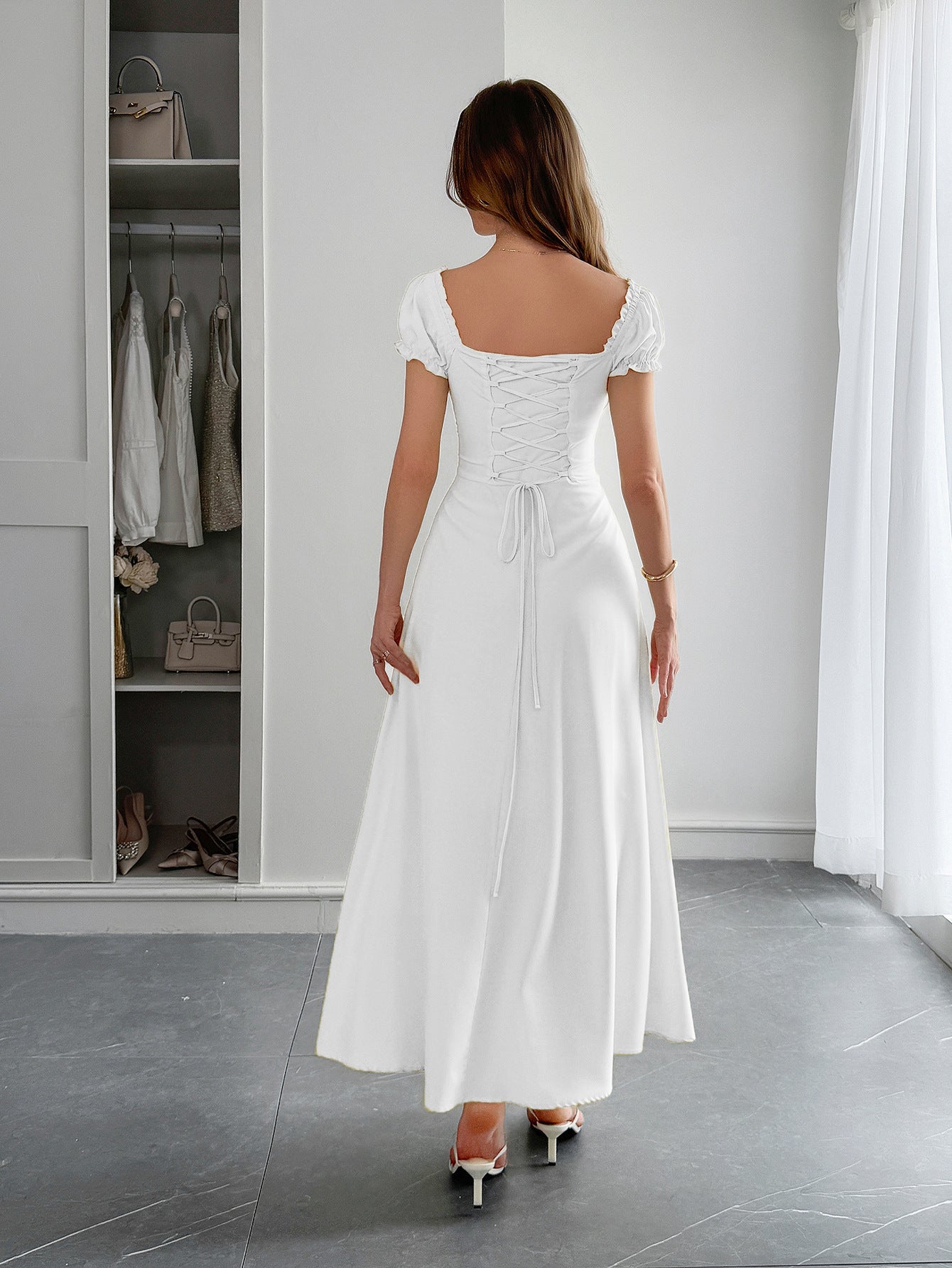 Women’s Off-Shoulder White Maxi Dress with Corset Back