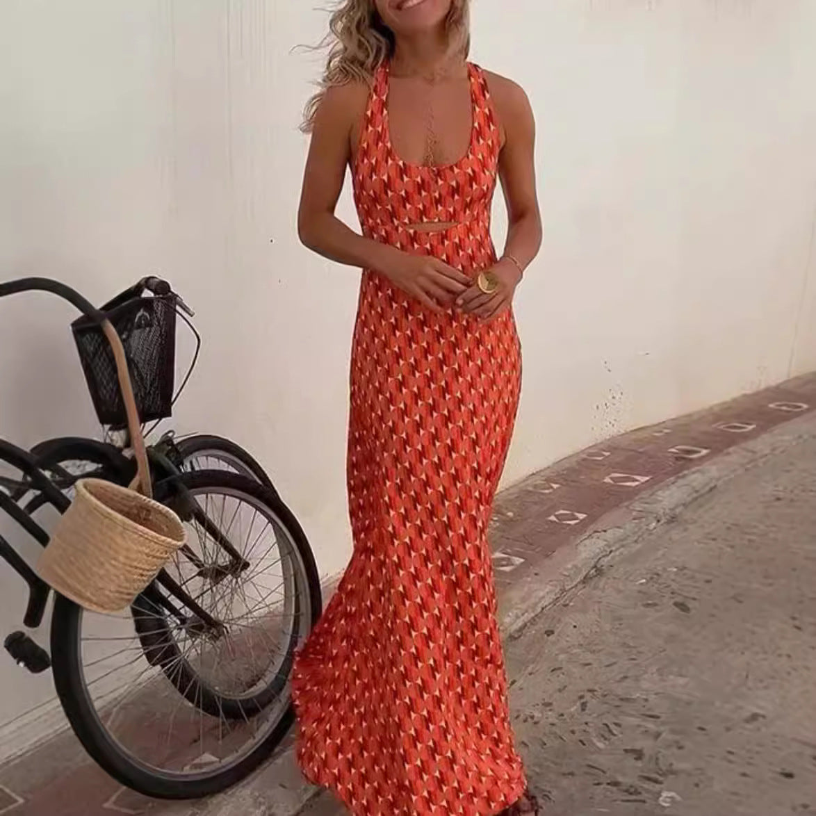 Women’s Long Dress – Slim Fit Halter Neck – Cut-Out Detail – Printed Lightweight Fabric
