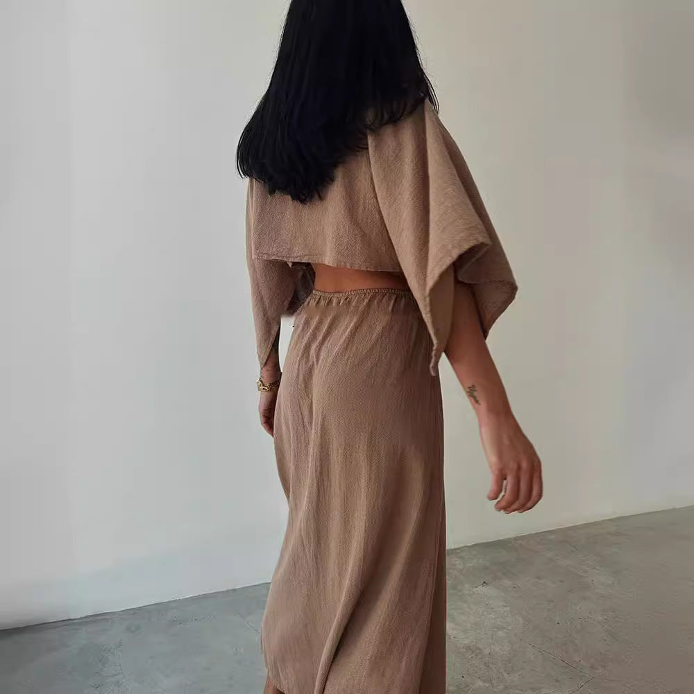 Women’s Maxi Dress – Cotton Linen Blend – Slim Fit – V-Neck – Cut-Out Waist – High Slit