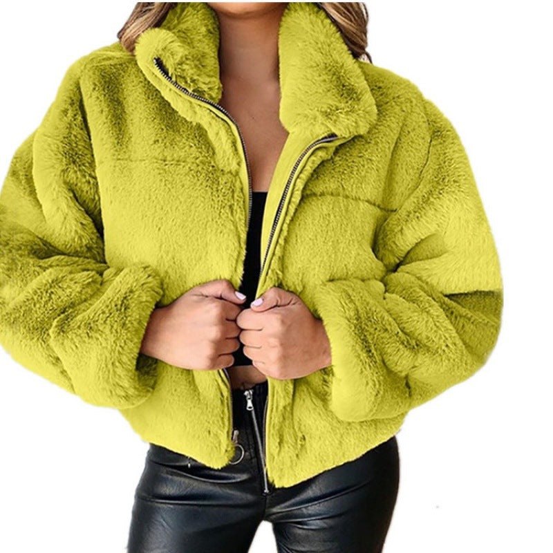 Women’s Cardigan Coat – Faux Fur – Oversized Fit – Zipper Front – High Collar