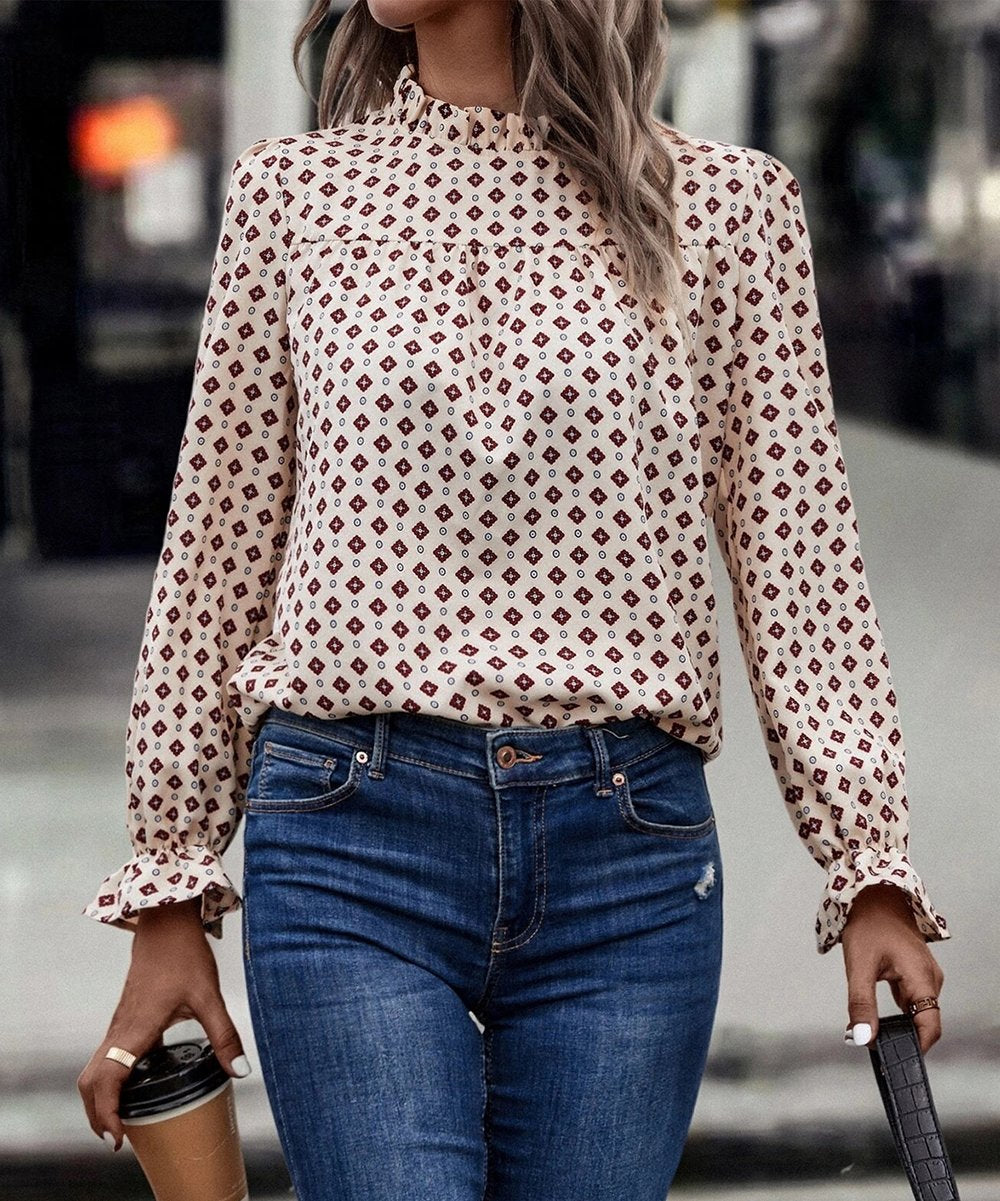 Women's Long Sleeve Blouse - Elegant High Neck Design - Casual Printed Pattern