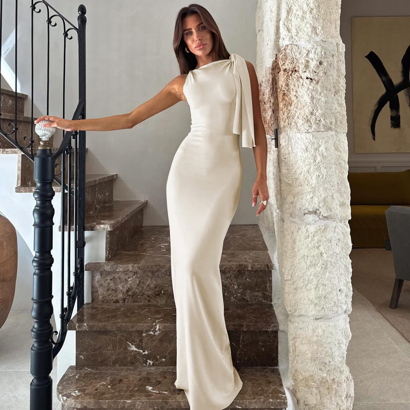 Women’s One-Shoulder Dress – Satin Feel – Slim Fit – Floor-Length Formal Gown