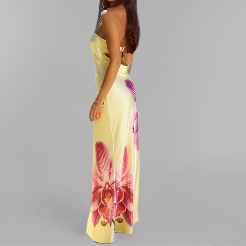 Women’s Maxi Dress – Strapless Slim Fit – Floral Print – Lightweight Flowing Fabric