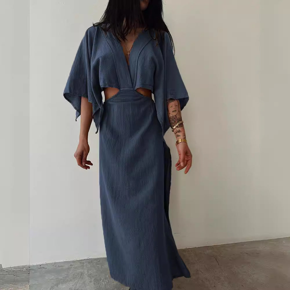Women’s Maxi Dress – Cotton Linen Blend – Slim Fit – V-Neck – Cut-Out Waist – High Slit