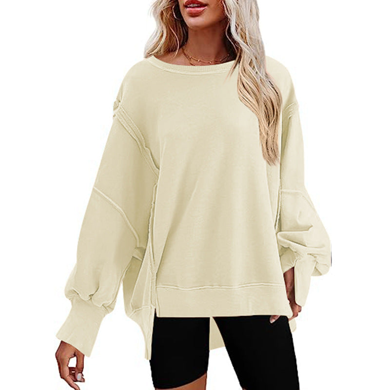 Women's Oversized Sweatshirt - Crew Neck - Long Sleeve - Side Slits - Casual Wear