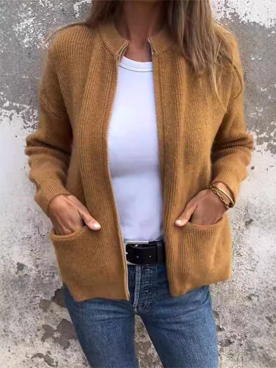 Women’s Zipper Jacket – Ribbed Knit – Loose Fit – Stand-Up Collar – Casual Pockets