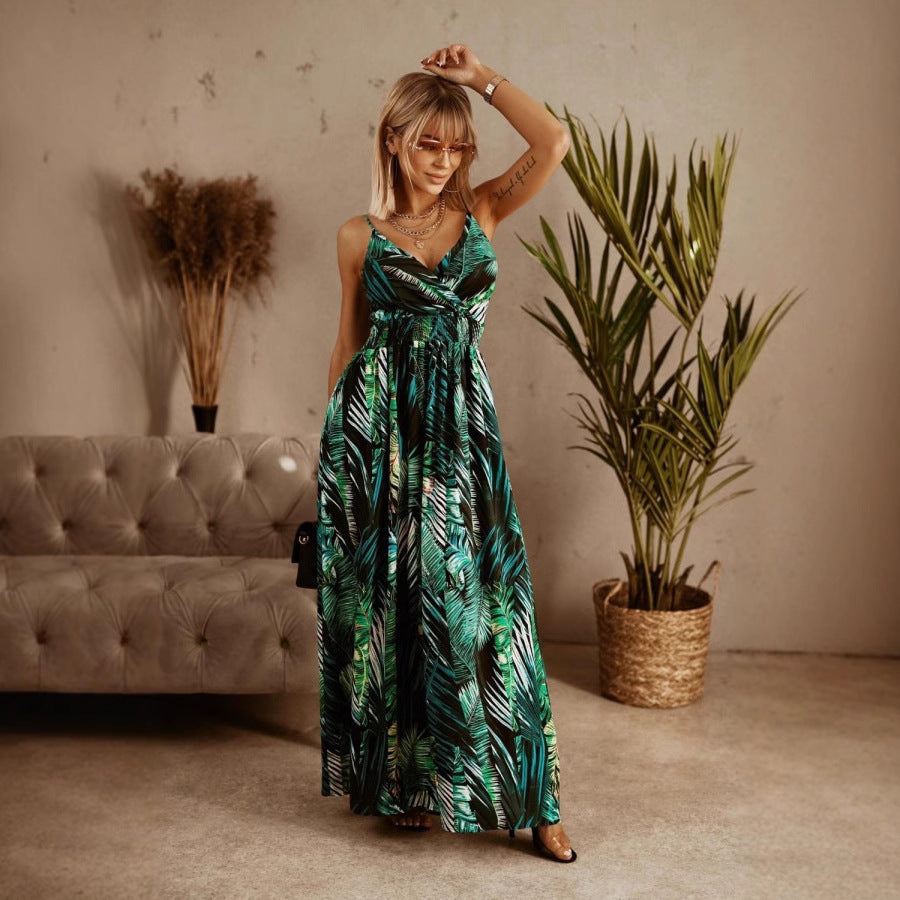 Women’s Maxi Dress – V-Neck Crossover – Floral Print – Adjustable Straps – Cotton Blend