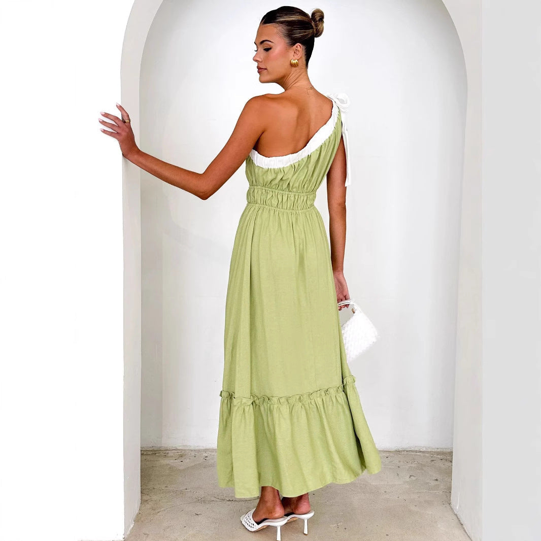 Women’s One-Shoulder Midi Dress – Cotton Blend – A-Line Fit – Ruffle Tiered Skirt
