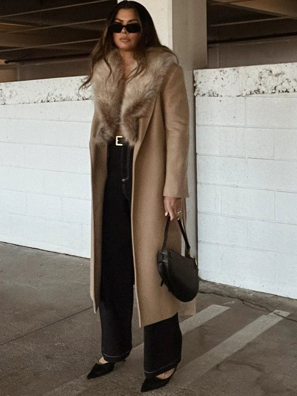 Women’s Long Coat – Wool Blend – Relaxed Fit – Belted Waist – Faux Fur Collar