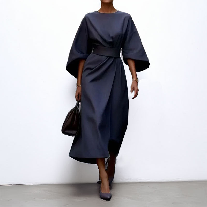 Women’s Long Dress – Satin Feel – Fitted Waist – Batwing Sleeve – Elegant Flow