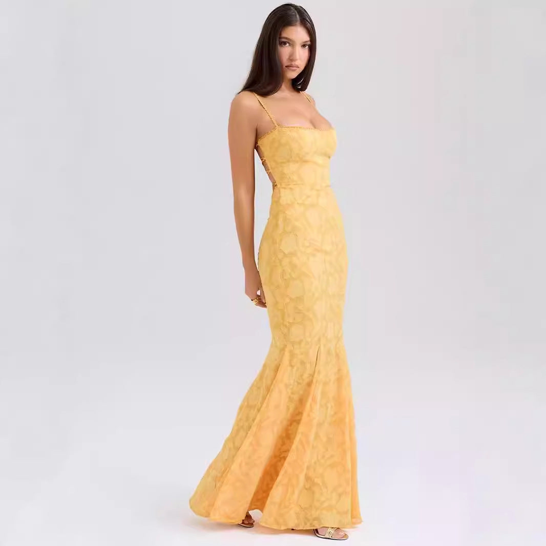 Women’s Maxi Dress – Slim Fit – Satin Feel – Lace Neckline – Spaghetti Straps – Formal Wear