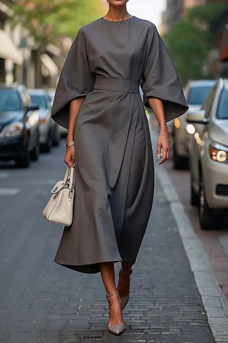 Women’s Long Dress – Batwing Sleeves – Draped Silhouette – Fitted Waist – Formal Wear