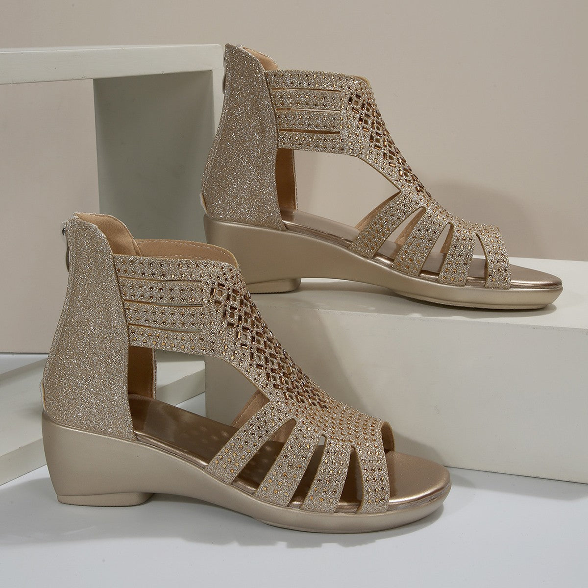 Women's Glitter Wedge Sandals - Open Toe - Cutout Design - Comfortable Fit