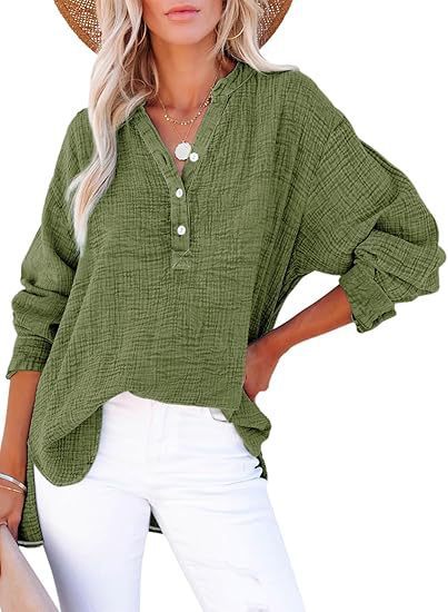 Women’s Long Sleeve Top – Relaxed Fit – Natural Fibers – Pleated Button Front