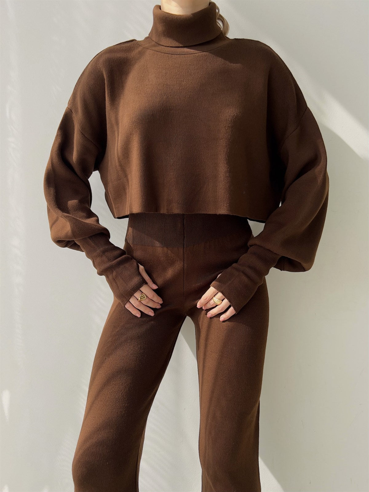 Women's high collar loose long-sleeved tops and pants set