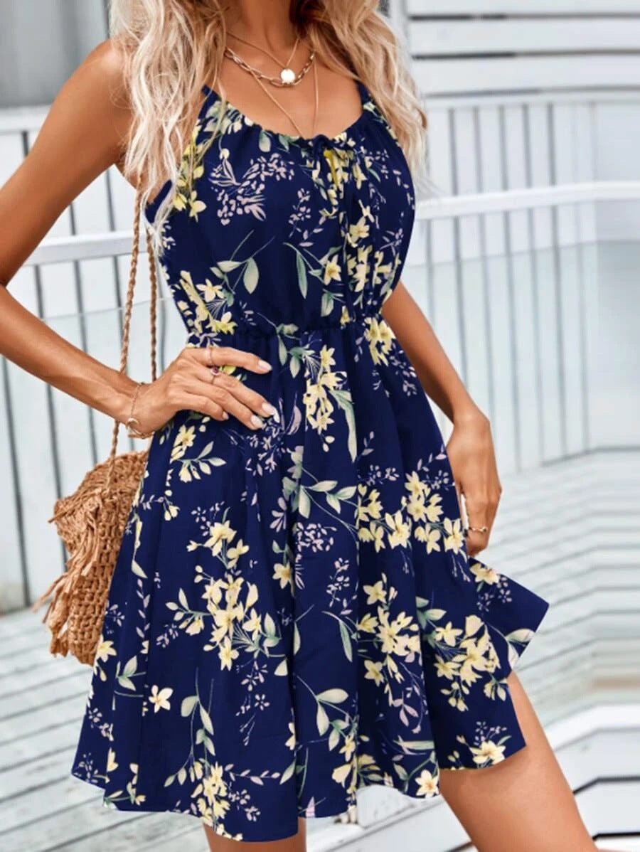 Women's Sundress - Flowy Lightweight Fabric - Spaghetti Straps - Gathered Neckline