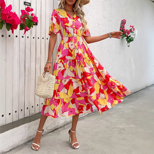 Ruffled Sleeve Abstract Print A-Line Dress