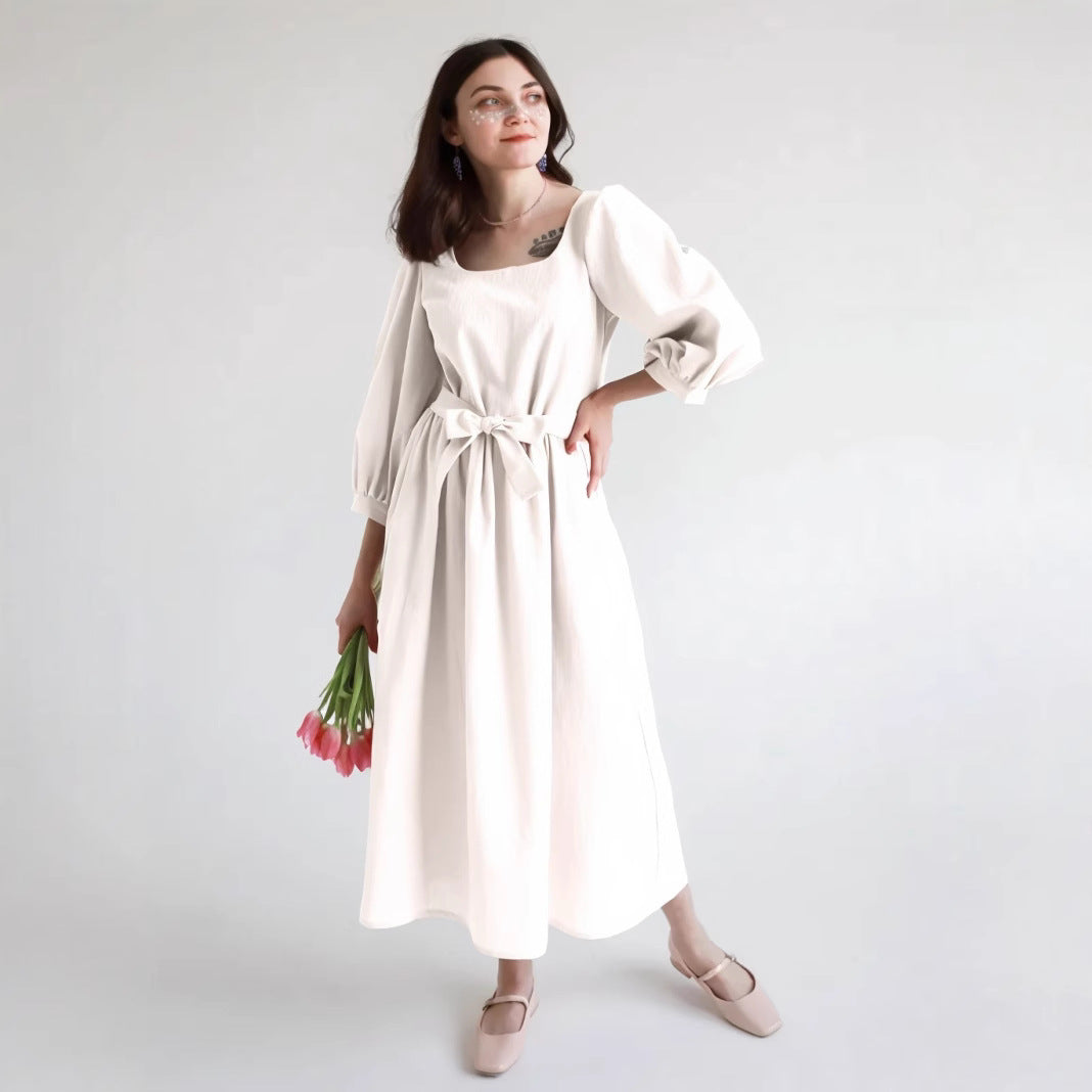 Women’s Midi Dress – Lightweight Cotton – Loose Fit – Square Neck – Long Sleeve