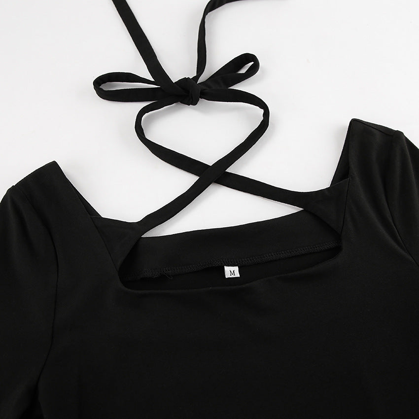 Women's A-Line Dress - Square Neck - Crisscross Strap - Long Sleeve - Slim Fit