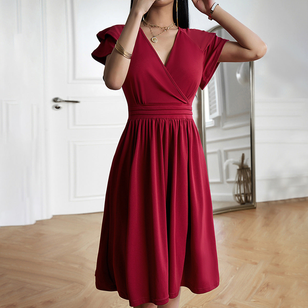 Women's Midi Dress - Wrap Design - V-Neck - Short Ruffled Sleeves - Flattering Fit