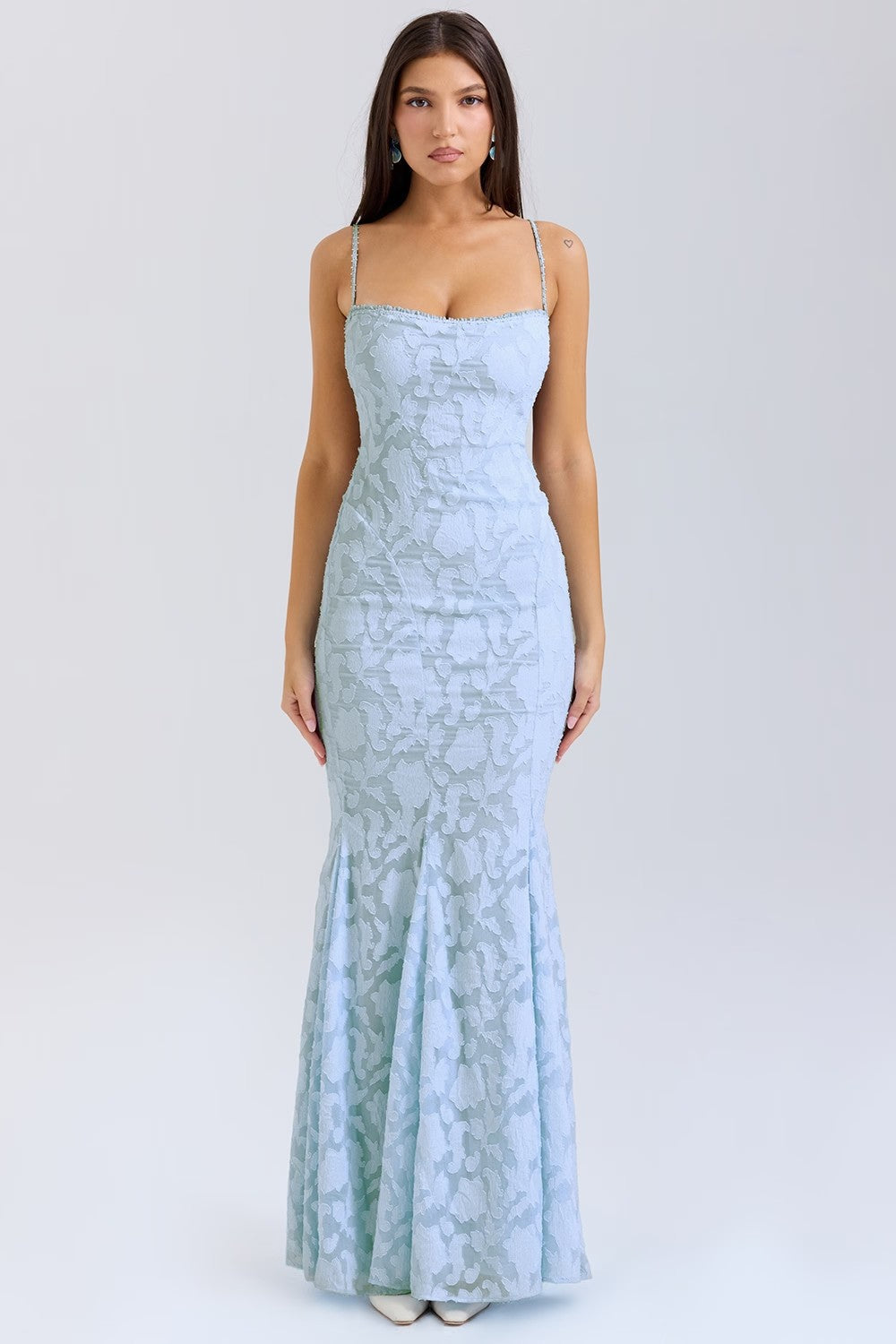 Women’s Maxi Dress – Slim Fit – Satin Feel – Lace Neckline – Spaghetti Straps – Formal Wear