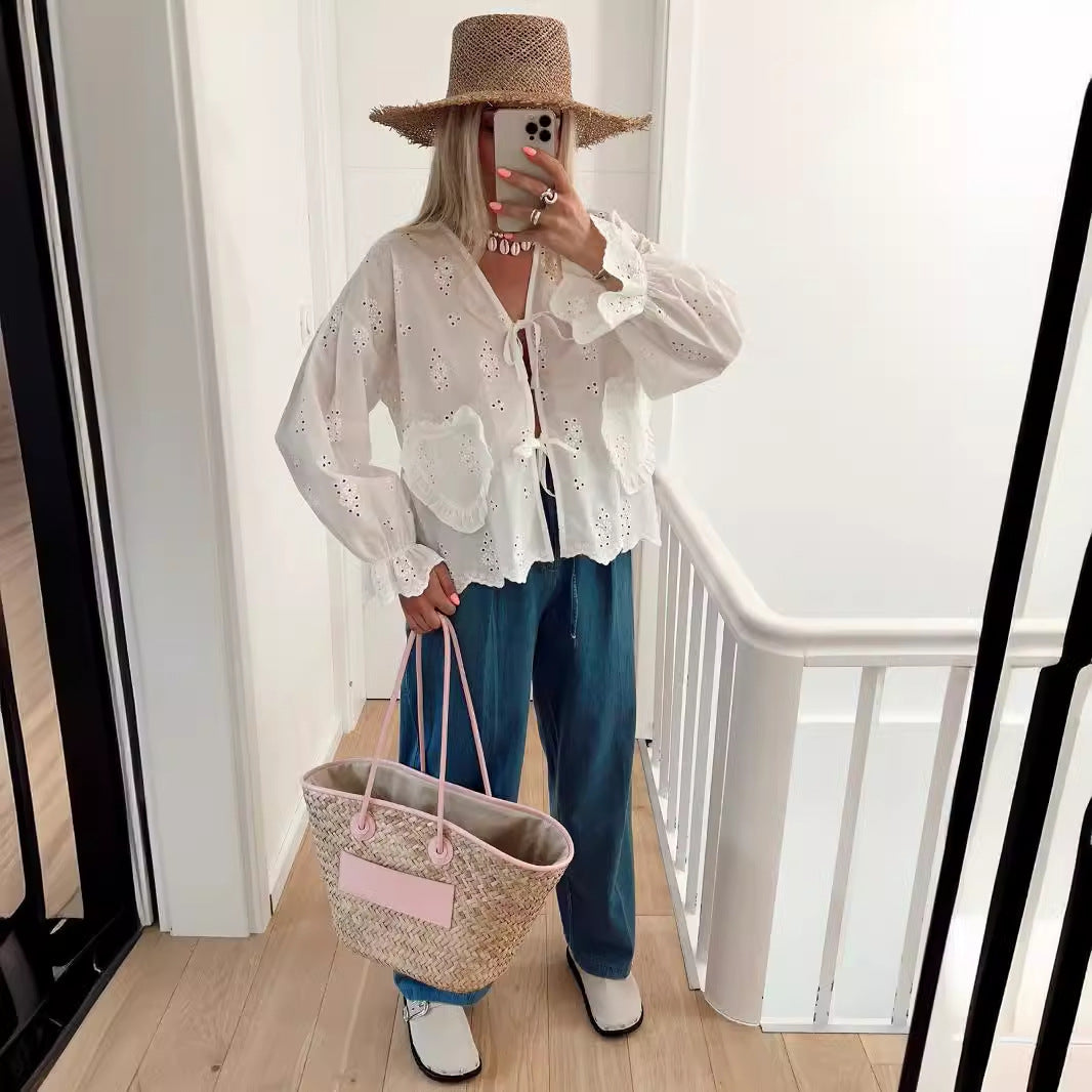 Lightweight Embroidered Relaxed Fit Eyelet Blouse