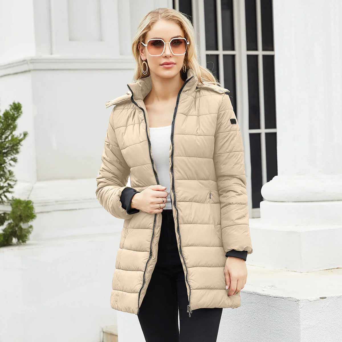 Women’s Puffer Jacket – Quilted Mid-Length Fit – Detachable Hood – Zipper Closure