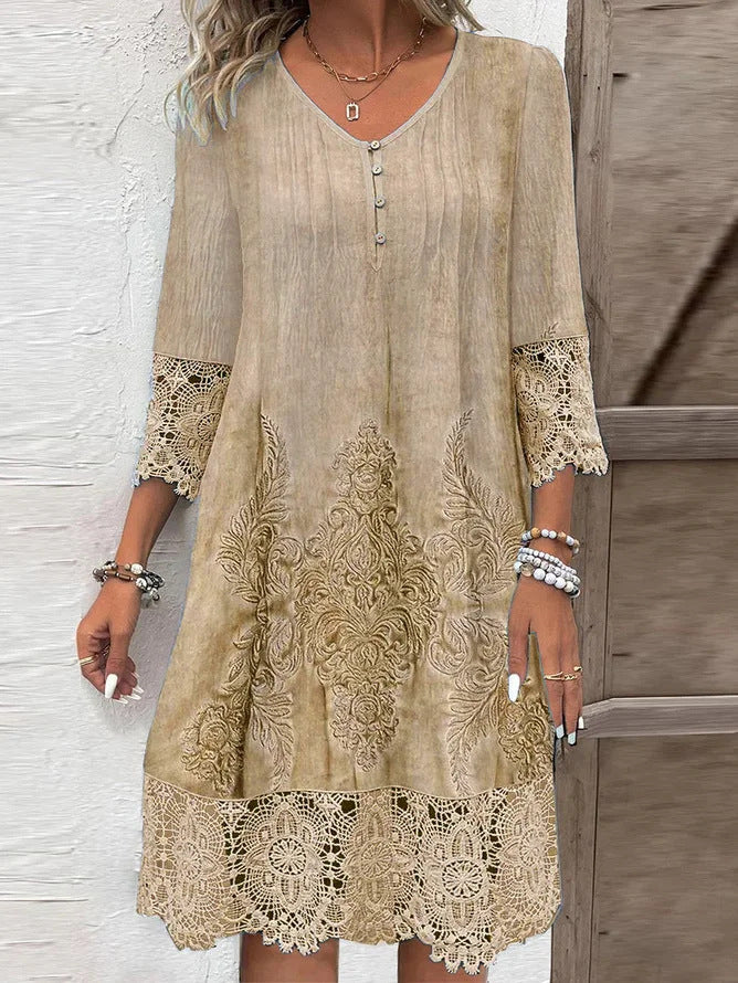 Women’s Long Dress – A-Line Fit – V-Neck – Lace & Embroidery – Breathable Blend